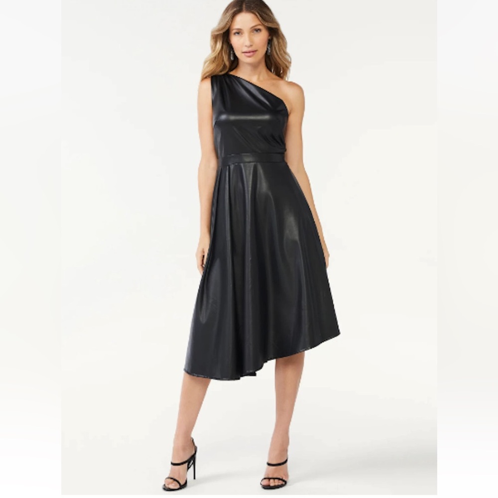 NWT Sofia Jeans Womens Elegant Black One-Shoulder Faux Leather Midi Dress Medium